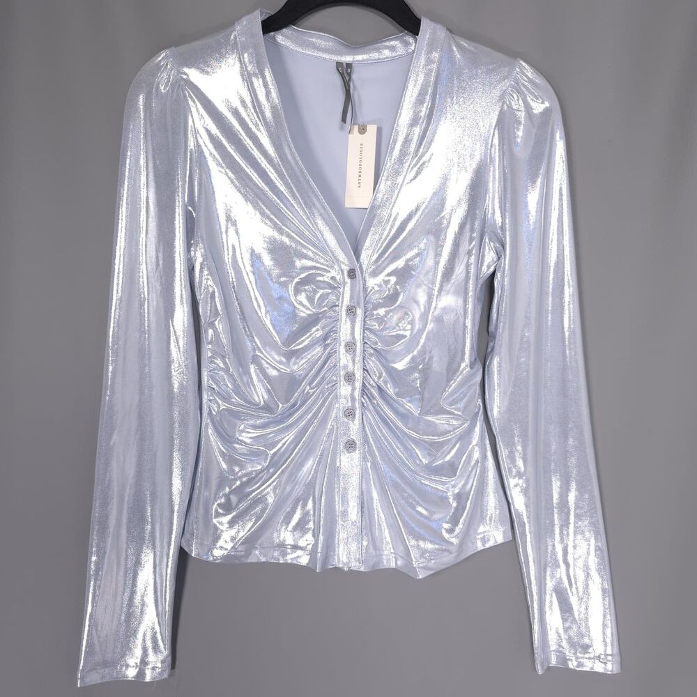 ANTHROPOLOGIE New Women's Top Blouse XS Metallic Silver Ruched Button Stretch - Picture 3 of 9